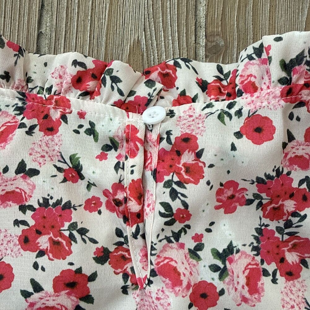 Pink White Floral Print Sleeveless Button Ruffled Neck Blouse Women’s Small - Picture 4 of 5